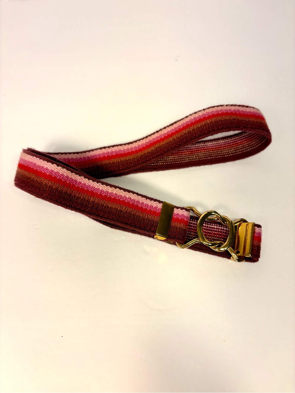 Vintage 80’s Striped Pink and Brown Fabric Belt Interlocking Gold Rings Preppy